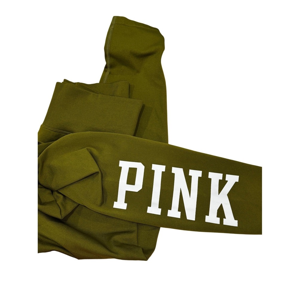 Victoria's Secret PINK Active Leggings Women Medium Olive Green Excellent Logo - Picture 3 of 7
